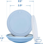 A light blue silicone covered toddler plate showing width dimensions for the plate itself (8.2") and the suction (5.9") as well as the depth of the plate (1.2"). 
