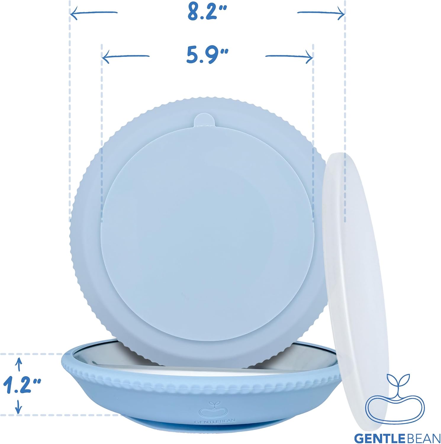 A light blue silicone covered toddler plate showing width dimensions for the plate itself (8.2") and the suction (5.9") as well as the depth of the plate (1.2"). 
