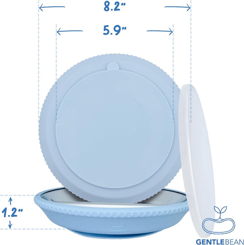 A light blue silicone covered toddler plate showing width dimensions for the plate itself (8.2") and the suction (5.9") as well as the depth of the plate (1.2"). 