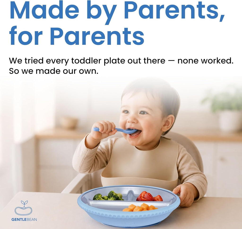A baby seated in a high chair eating from a light blue divided plate on a table, with large text at the top reading 'Made by Parents, for Parents.' A Gentlebean logo appears in the lower left corner.