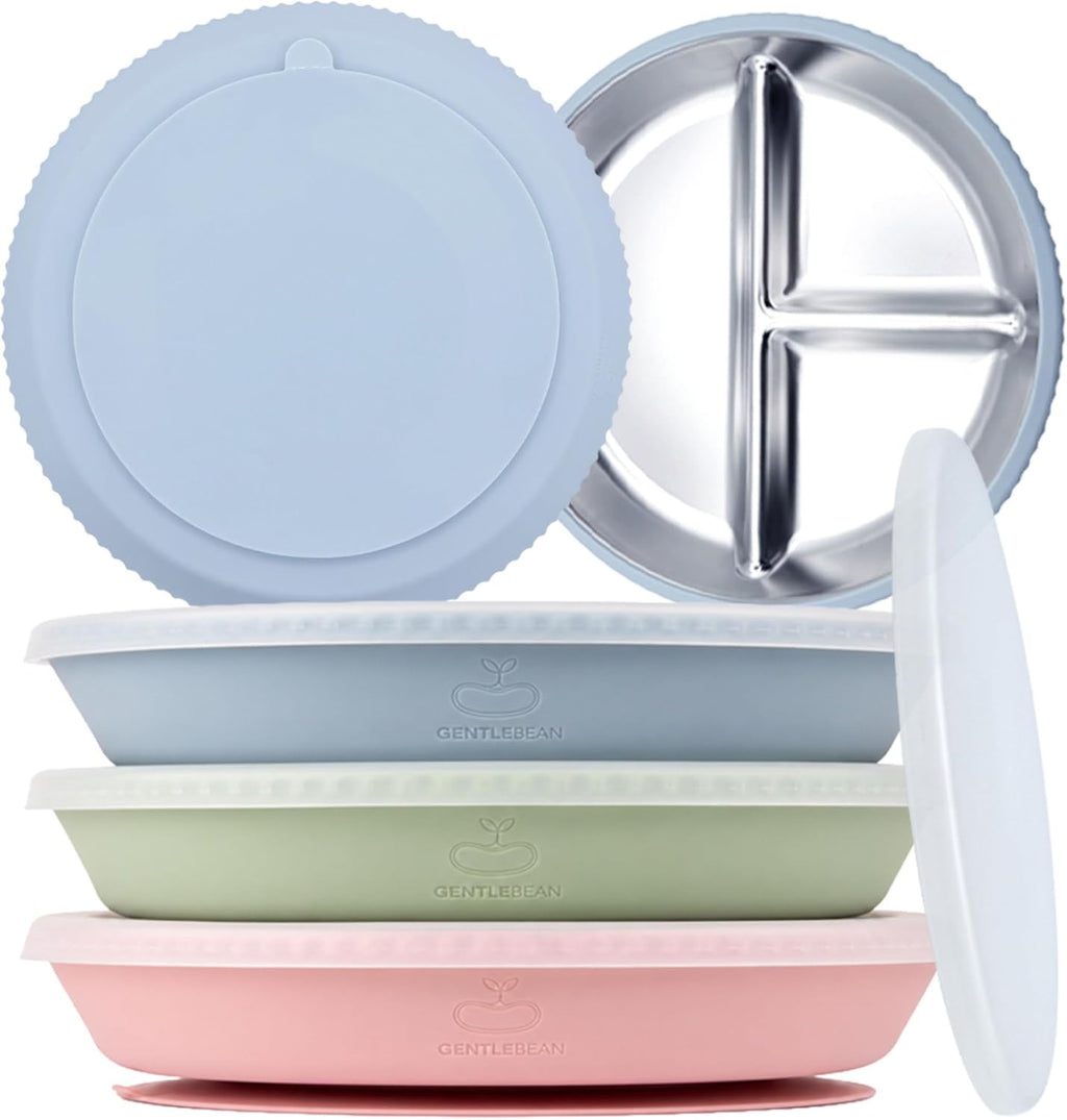 Three round divided toddler plates, blue, green, pink and lid for each one