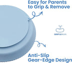A close-up of the plate bottom to indicate the durability and function of the silicone cover of the toddler plate. Firm suction, anti-slip gear-edge design