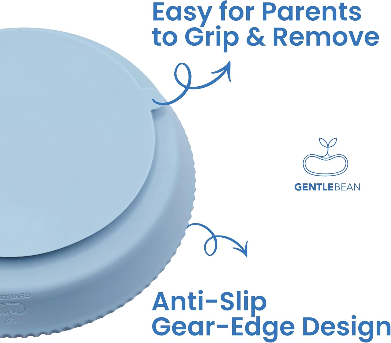 A close-up of the plate bottom to indicate the durability and function of the silicone cover of the toddler plate. Firm suction, anti-slip gear-edge design