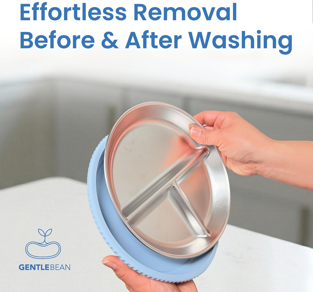 Hands holding a stainless steel three-compartment divided plate over a light blue silicone sleeve, with the text 'Effortless Removal Before & After Washing' at the top and the Gentlebean logo at the bottom left.